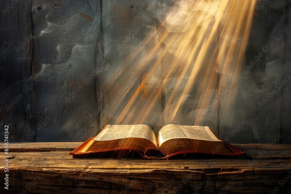 Poster a single open book lying flat on a wooden table, waiting for someone to read it