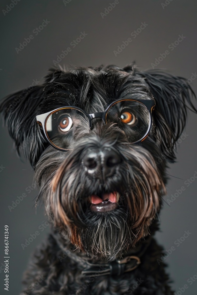 Wall mural A close-up of a black dog with glasses perched on its face