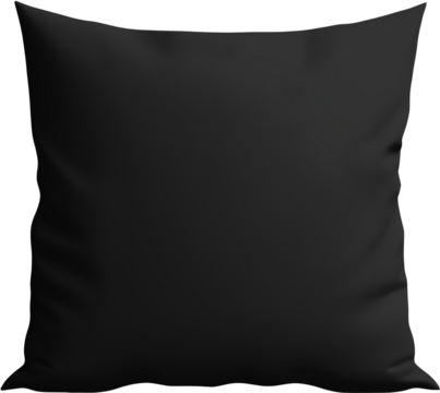 Black cushion mockup. Blank black pillow square shape front view mockup template. Isolated on transparent background.