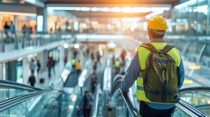 A technician inspects an escalator at an airport