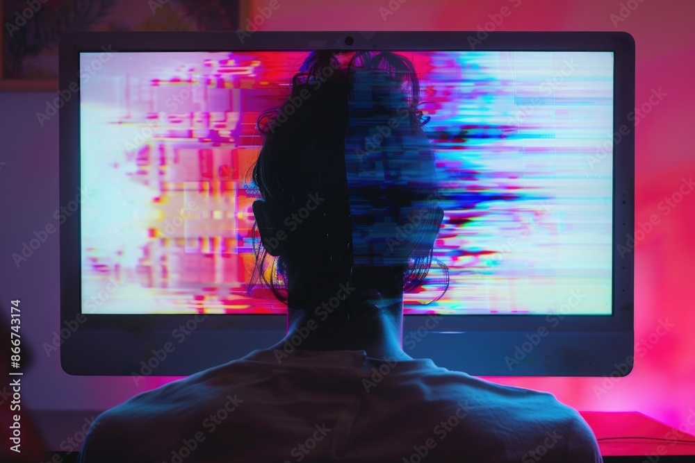 Poster A person sitting in front of a computer monitor, working or studying