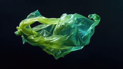 Fototapeta premium A green plastic bag suspended in mid-air, with no visible attachment or strings