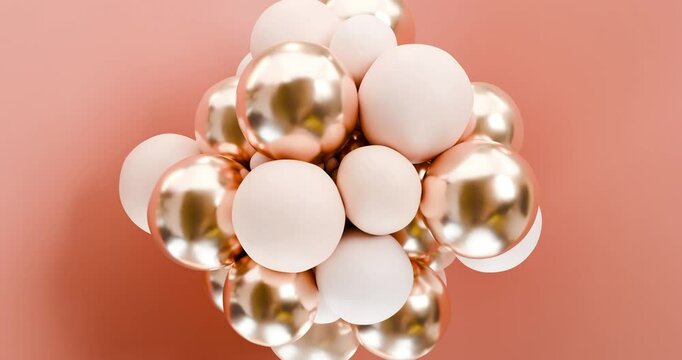 3D abstract animation of the increasing and decreasing of soft bodies, balls. Golden and beige balloons inflate and expand in volume, representing the concept of cell division
