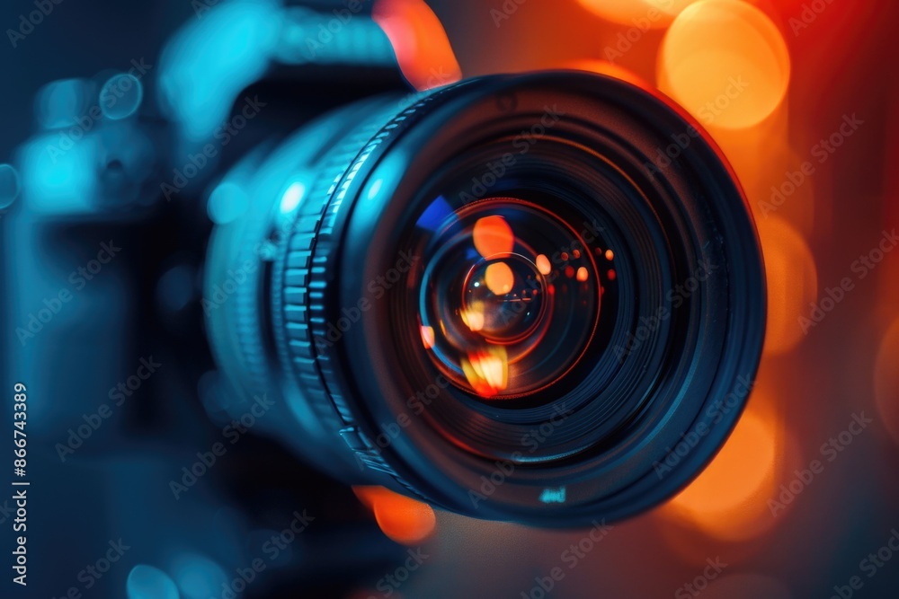 Poster a close-up shot of a camera with a blurred background, perfect for illustrating photography or techn