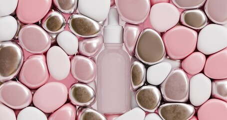 A 3D illustration of pink and silver spheres fills the space outside the serum bottle, representing various concepts such as hydration, saturation, anti-wrinkle action, skin restoration, nutrition, an