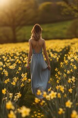 Fototapeta premium A woman walks through a field of bright yellow flowers, enjoying the warm sunshine