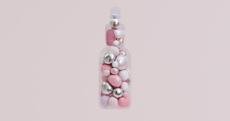 A 3D illustration of pink and silver spheres fills the space inside and outside the serum bottle, representing concepts such as hydration, saturation, anti-wrinkle action, restoration, skin nutrition 
