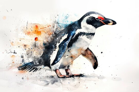 A penguin sitting on a white background, made with watercolor painting style
