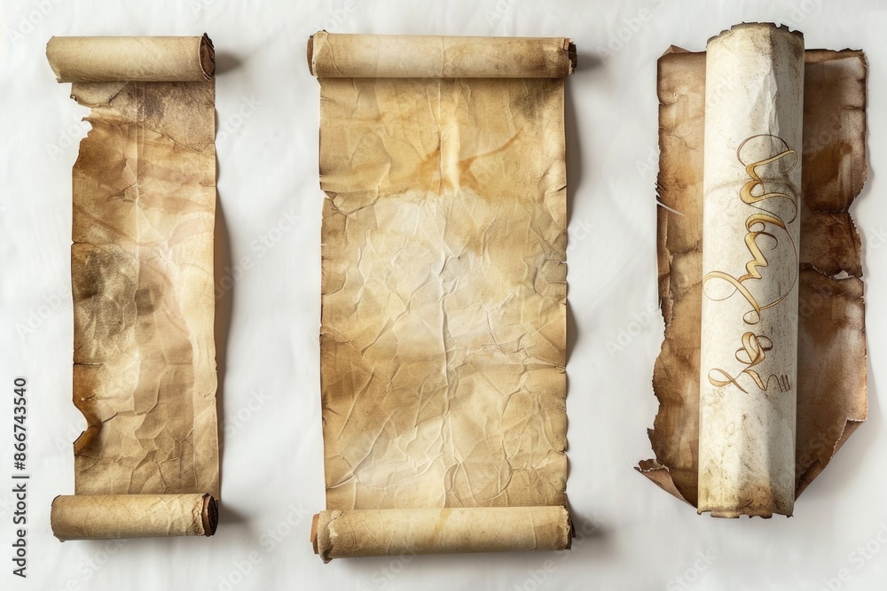 Poster Three worn parchment pages with yellowed ink and handwritten text, suitable for use in historical or fantasy settings