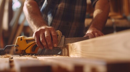 A carpenter uses a saw at a construction site working on home improvements