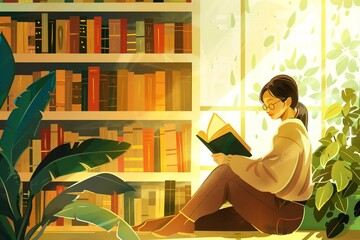 Young woman reading a book, cozy reading corner Illustration. Design concept for national book lovers day.