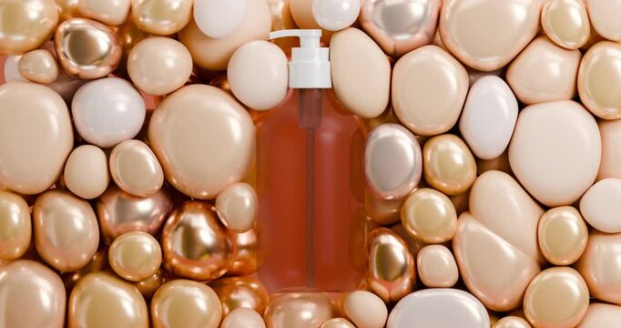 3D animation shows golden and beige balloons filling the space inside and outside of a tube of shampoo, conditioner, gel, and lotion. This concept aims to improve the structure of hair and skin, revit