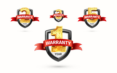 1 2 3 5 years warranty isolated labels vector illustration. 3d one two three five years guarantee insurance badges on light background. Golden numbers set with red ribbon and shields.
