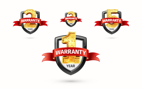 1 2 3 5 years warranty isolated labels vector illustration. 3d one two three five years guarantee insurance badges on light background. Golden numbers set with red ribbon and shields.