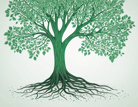 Exploring the layered concept of nature and environmental conservation through an origami-inspired illustration of a green tree with roots resembling a human fingerprint