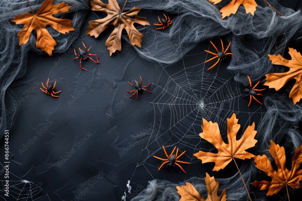 Poster a spider web with orange leaves on a dark background