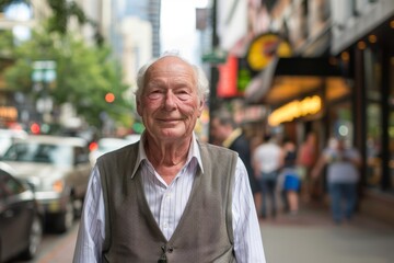 Obraz premium Portrait of a satisfied caucasian man in his 60s dressed in a polished vest on busy urban street