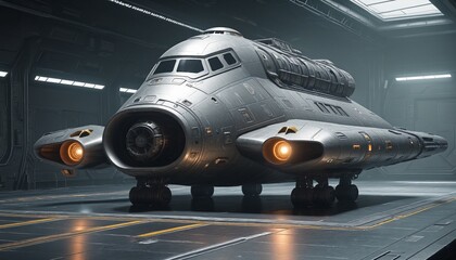 Fototapeta premium 3D rendering of a vintage metallic spaceship with grunge surface on a rainy night scene landing pad