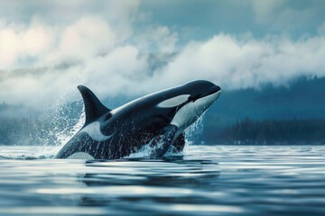 Fototapeta premium Orca whale breaching ocean surface with splash and mist