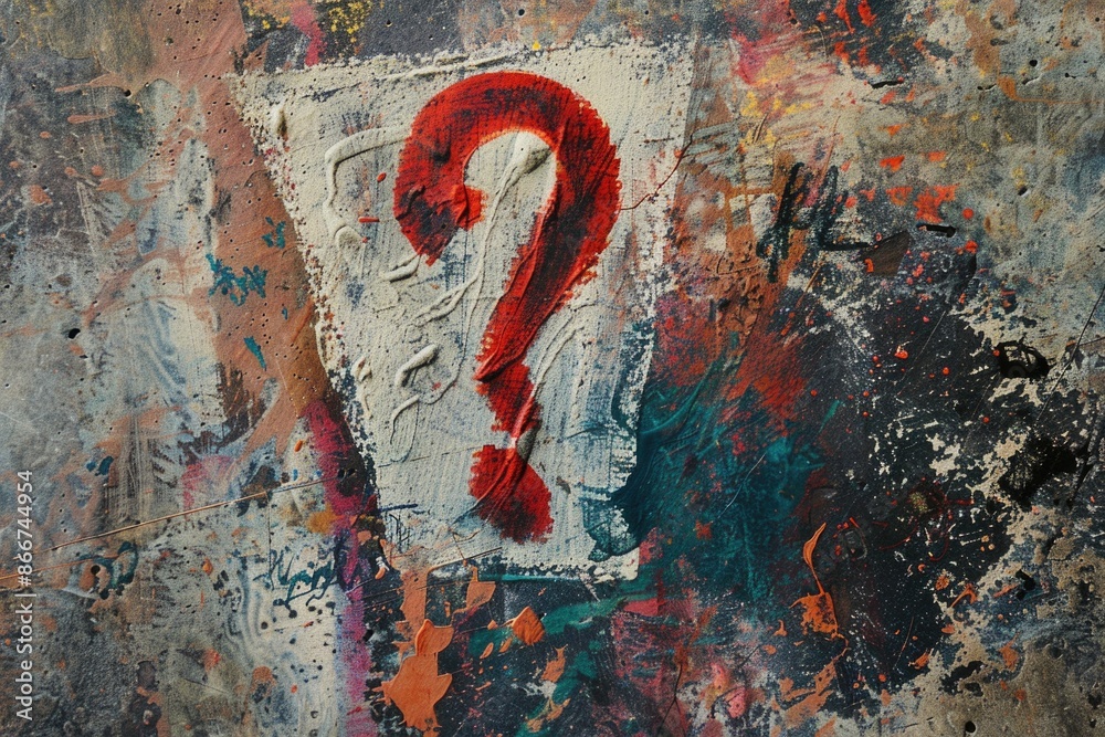 Poster a close-up of a painting featuring a bright red question mark