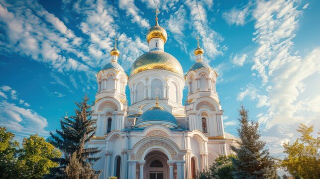 A large white church with gold domes and crosses on top. Generate AI image