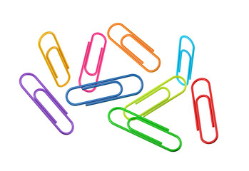 A pile of colored clips are scattered on a white or transparent background