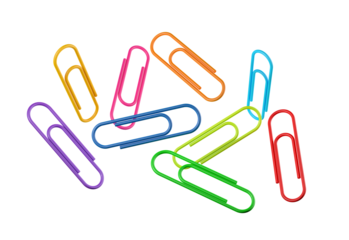 A pile of colored clips are scattered on a white or transparent background