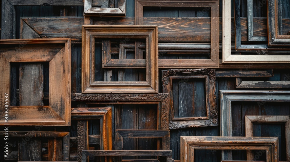 Poster a collection of wooden picture frames stacked vertically
