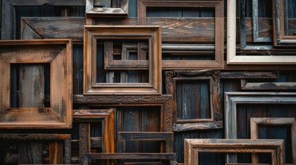 A collection of wooden picture frames stacked vertically