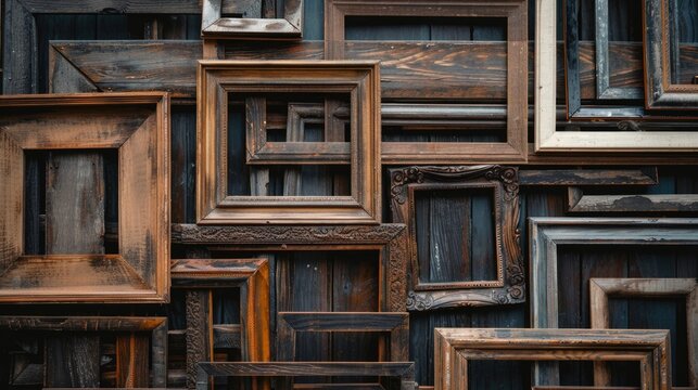 A collection of wooden picture frames stacked vertically