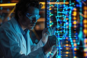 Fototapeta premium Scientist analyzing digital DNA helix data in futuristic laboratory, wearing lab coat and protective glasses for advanced research.