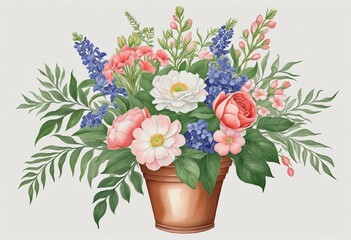 Fototapeta premium Elegant Watercolor Floral Illustration of a Peony Bouquet in Retro Style with Greenery and Pink Roses, Perfect for Wedding Invitations and Greeting Cards