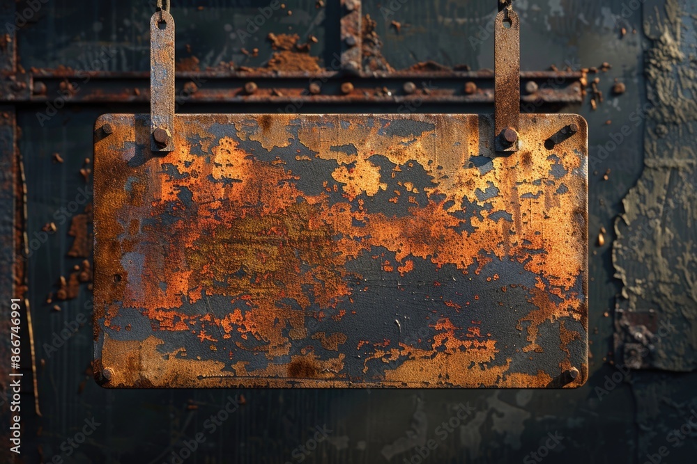 Poster a weathered metal sign hangs from a building's side, with rusty hues and distressed texture