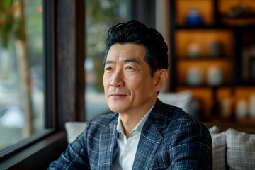 Portrait of a blissful asian man in his 40s dressed in a stylish blazer over modern minimalist interior