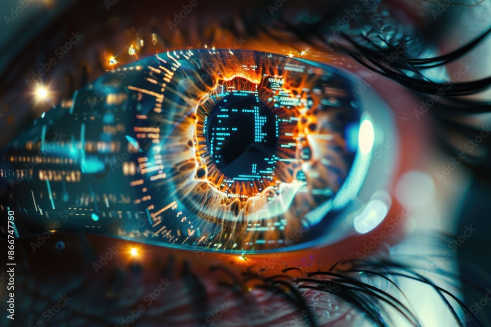 Poster close-up of an eye with a small electronic circuit integrated into the iris