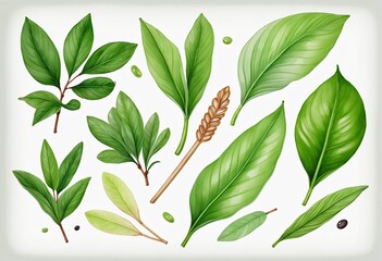 Set of watercolor illustrations of matcha green tea elements isolated on a clear background, perfect for decorating your hot drink illustrations in cafes and bakeries