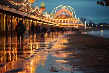 Melbourne, Australia, St. Kilda beach, with its Pier and Luna Park amusement park., generative IA