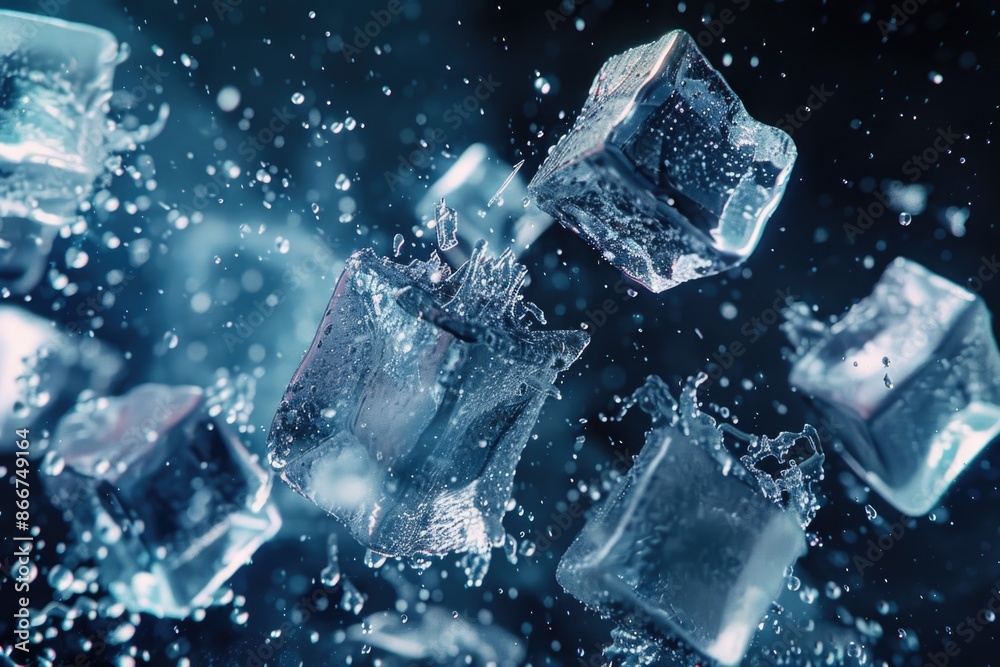 Poster Frozen ice cubes bobbing on the surface of calm water, great for backgrounds or as a visual element