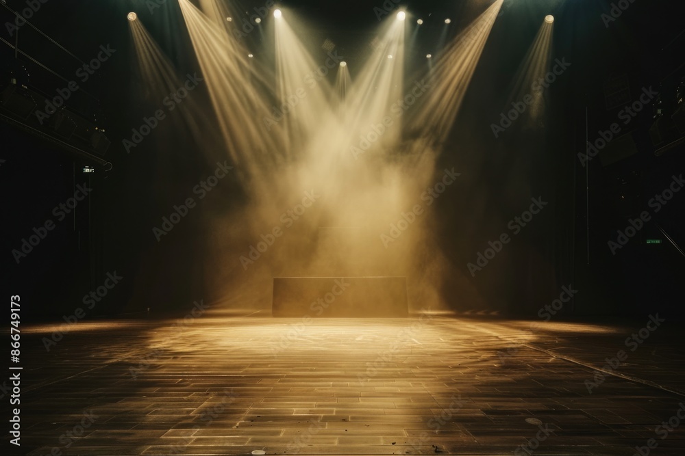 Aufkleber A stage with spotlights shining down on a single bench, ready for an event or performance