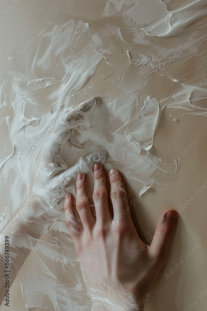 Poster A person's hand resting on a table covered in white feathers, a unique and intriguing scene