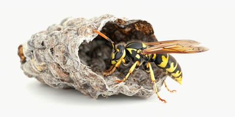 Fototapeta premium A yellow and black wasp sits on top of a piece of paper