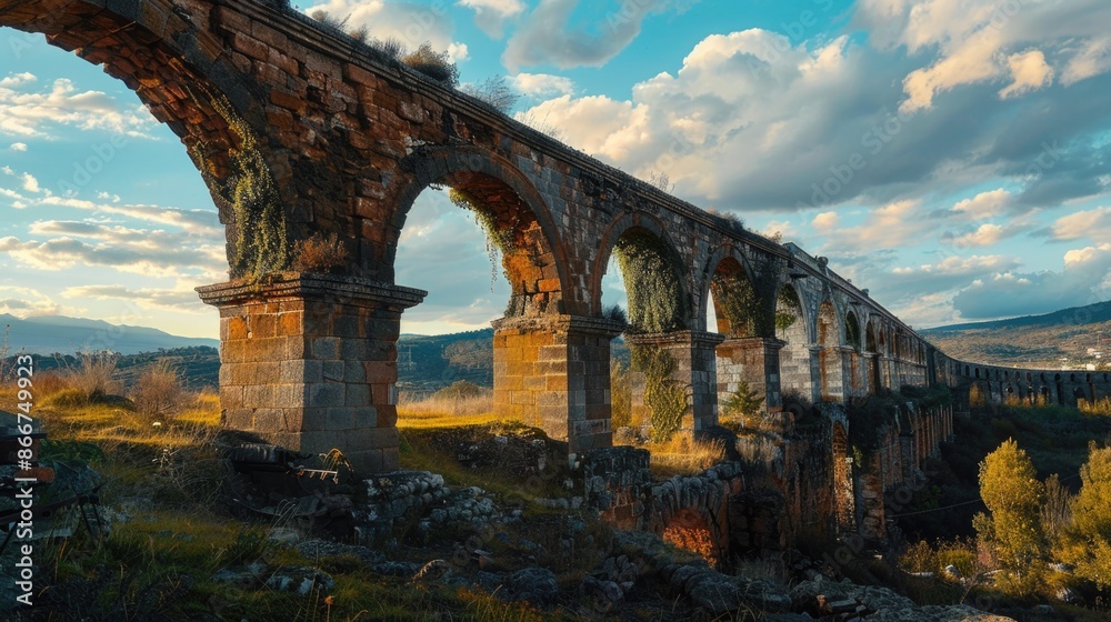 Poster a stone bridge spanning across a river with a blue sky in the background