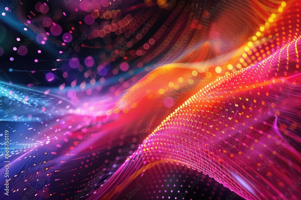 Poster A vibrant abstract design featuring interconnected circles and dynamic lights