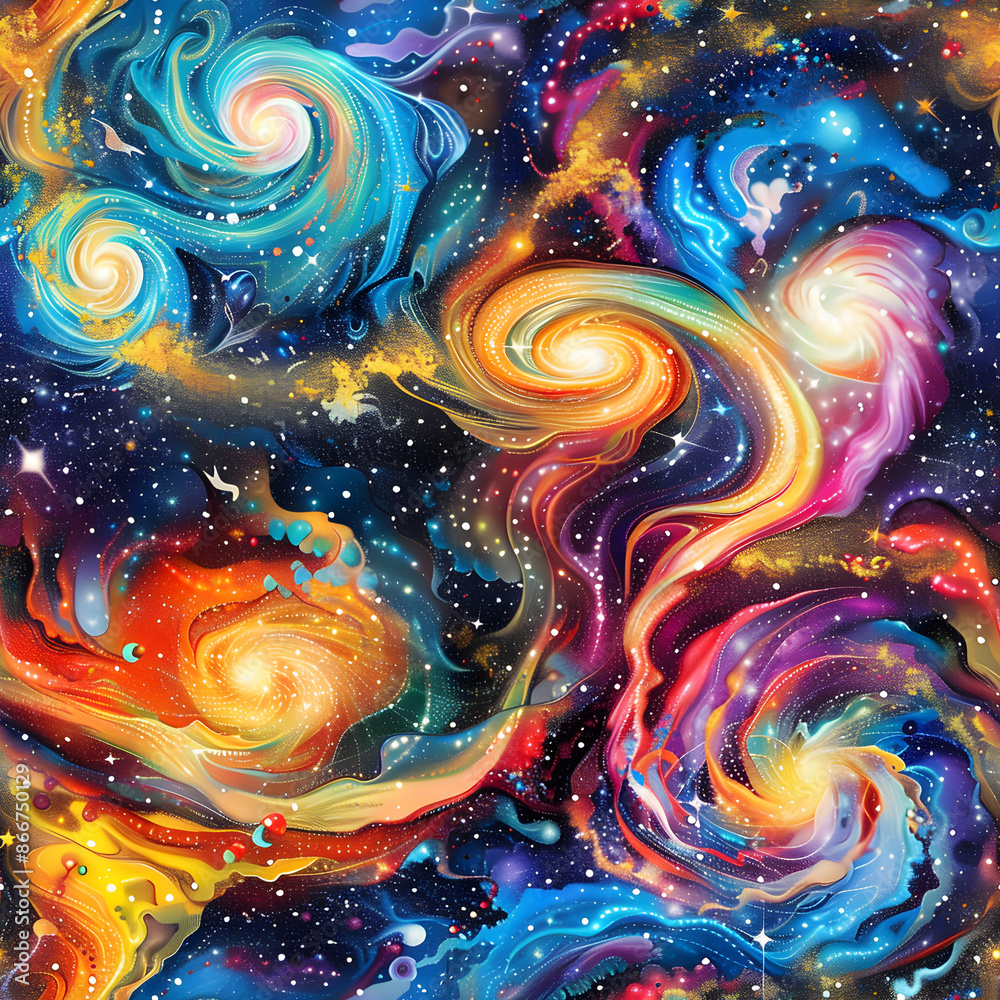 Poster vibrant swirling galaxies and stars in an abstract pattern, ideal for projects needing a cosmic flai