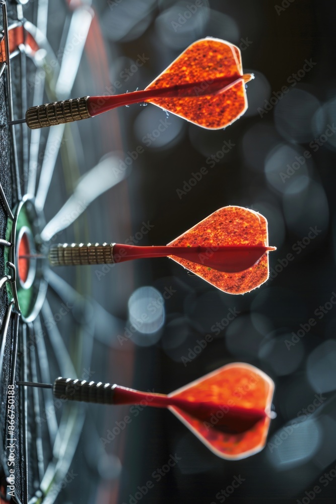 Poster a trio of red darts striking at the center of a dartboard