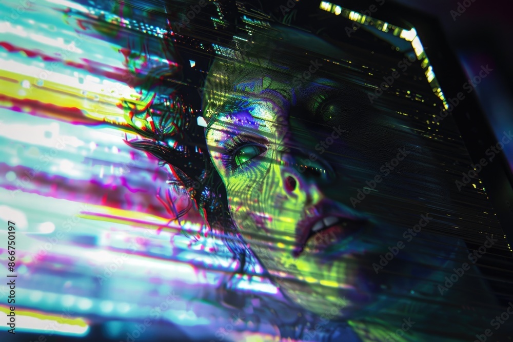 Poster A close-up view of a person's face on a TV screen, suitable for use in technology and media related contexts