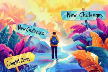 Student facing a path with signs pointing to new challenges and comfort zone