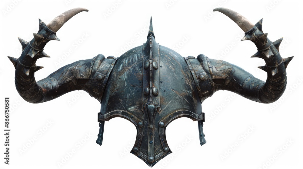 Poster A close-up shot of a helmet with horns on a white background, ideal for use in fantasy or medieval-themed designs
