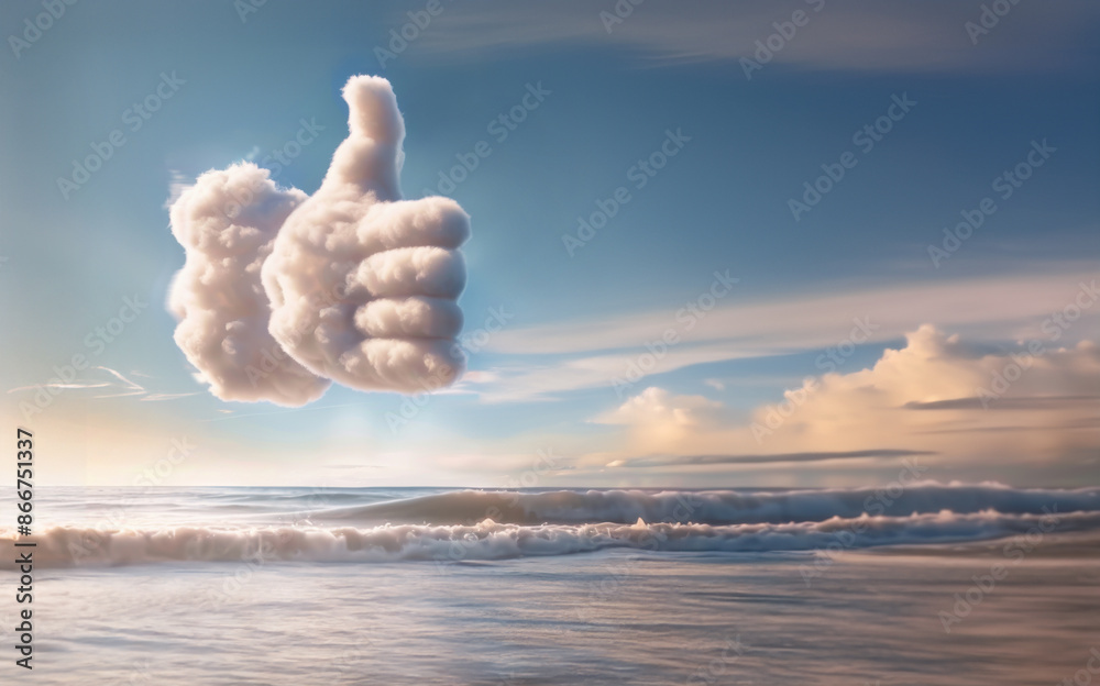 Wall mural Clouds forming a thumbs up shape over the ocean, symbolizing positive vibes and approval