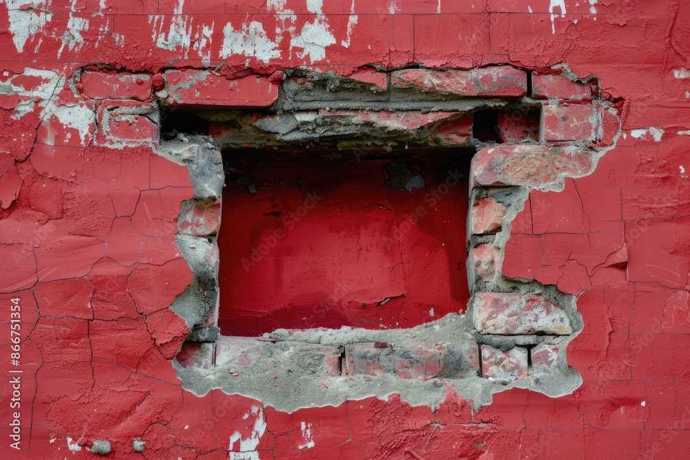 Poster a section of red wall with a hole in it, providing an entry point or escape route